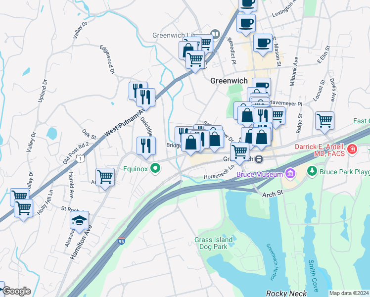 map of restaurants, bars, coffee shops, grocery stores, and more near 200 Field Point Road in Greenwich