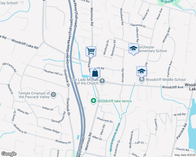 map of restaurants, bars, coffee shops, grocery stores, and more near 15 Bliss Court in Woodcliff Lake