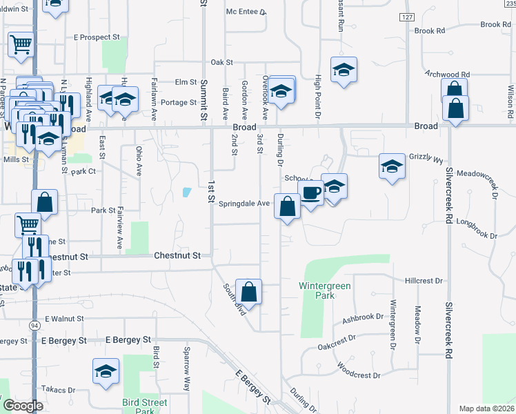 map of restaurants, bars, coffee shops, grocery stores, and more near 482 Springdale Avenue in Wadsworth