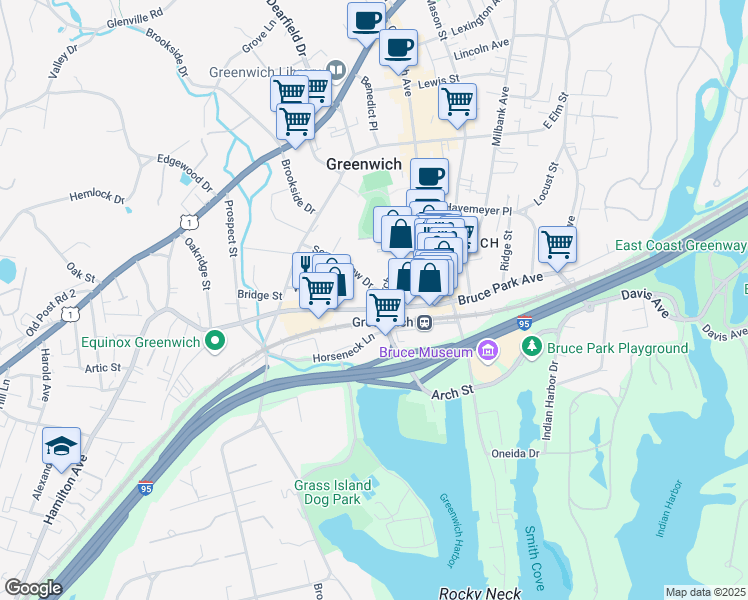 map of restaurants, bars, coffee shops, grocery stores, and more near 2 Sound View Drive in Greenwich