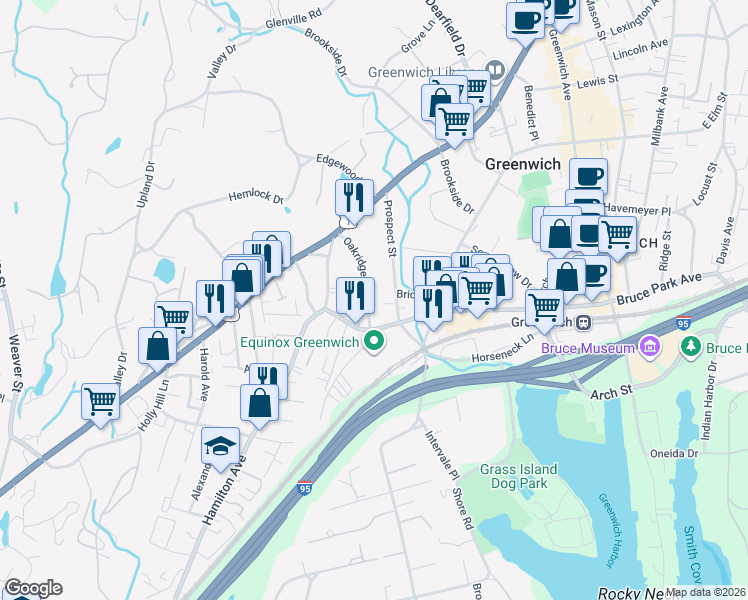 map of restaurants, bars, coffee shops, grocery stores, and more near 71 Oakridge Street in Greenwich
