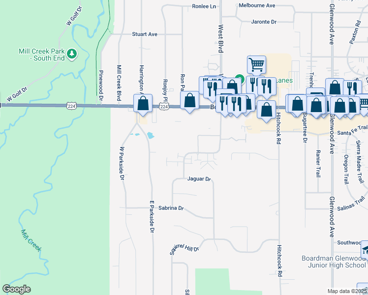 map of restaurants, bars, coffee shops, grocery stores, and more near 7410 West Boulevard in Boardman