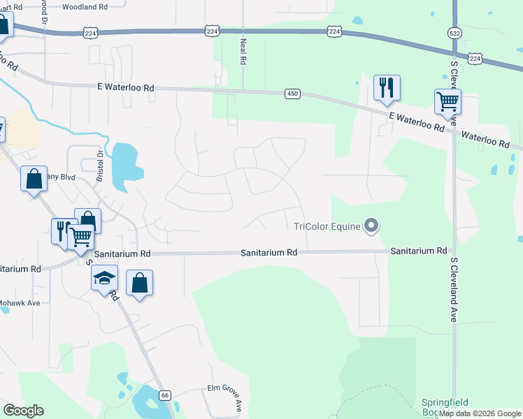map of restaurants, bars, coffee shops, grocery stores, and more near 3091 Dover Drive in Akron