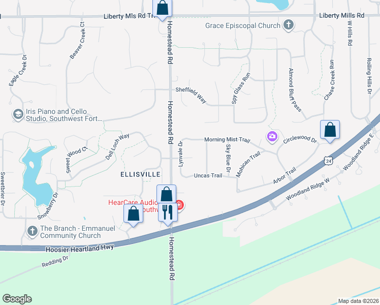 map of restaurants, bars, coffee shops, grocery stores, and more near 10720 Braeburn Court in Fort Wayne
