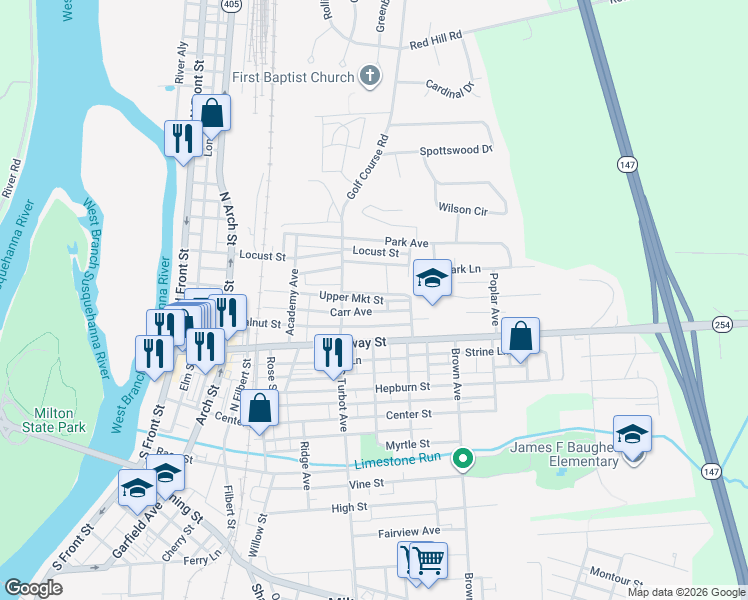 map of restaurants, bars, coffee shops, grocery stores, and more near 341 Upper Market St in Milton
