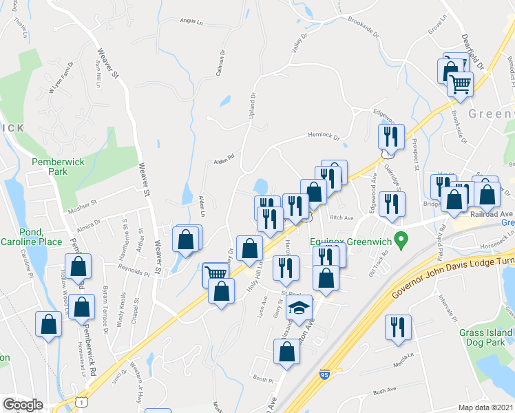 map of restaurants, bars, coffee shops, grocery stores, and more near 18 Georgetowne North in Greenwich