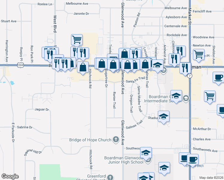 map of restaurants, bars, coffee shops, grocery stores, and more near 7373 Sugartree Drive in Youngstown