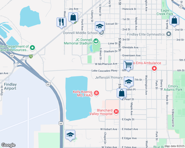 map of restaurants, bars, coffee shops, grocery stores, and more near 401 Lake Cascades Parkway in Findlay