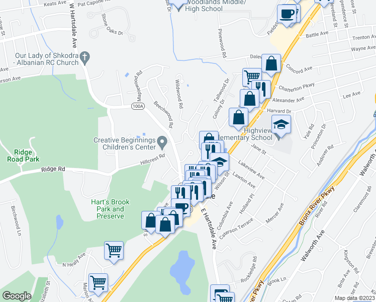 map of restaurants, bars, coffee shops, grocery stores, and more near 75 West Hartsdale Avenue in Hartsdale