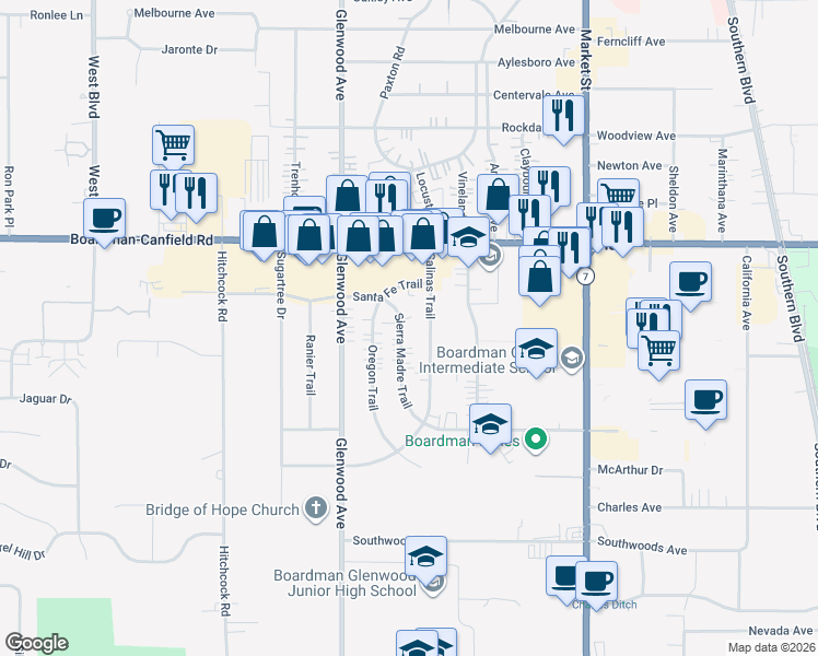 map of restaurants, bars, coffee shops, grocery stores, and more near 7385 Sierra Madre Trail in Youngstown
