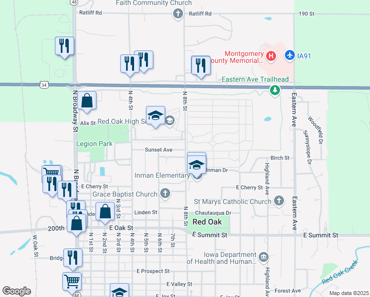 map of restaurants, bars, coffee shops, grocery stores, and more near 2011 North 8th Street in Red Oak