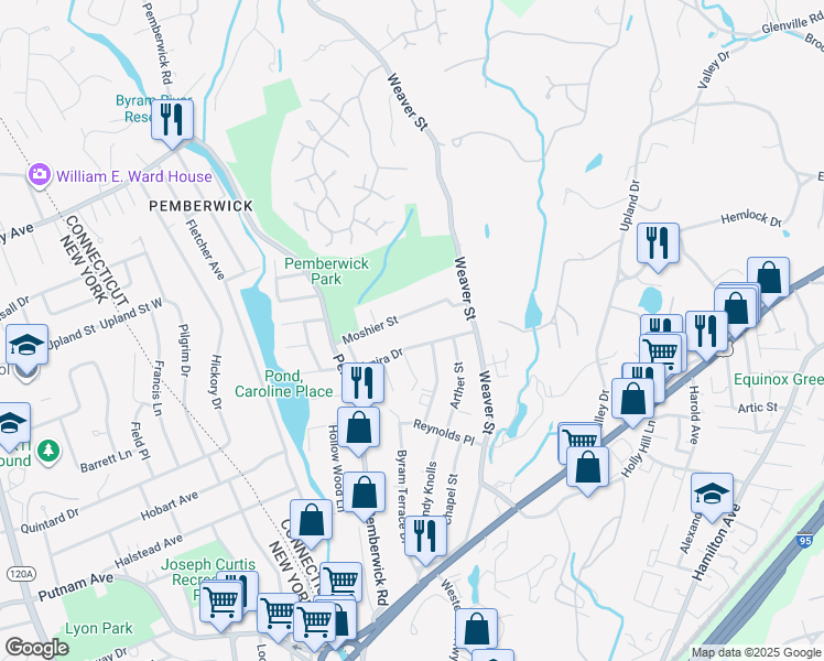 map of restaurants, bars, coffee shops, grocery stores, and more near 31 Moshier Street in Greenwich