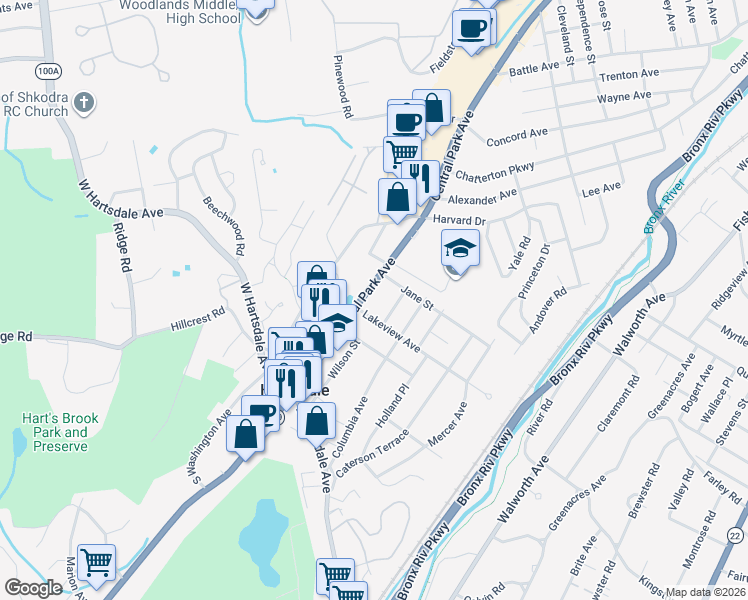 map of restaurants, bars, coffee shops, grocery stores, and more near in Hartsdale