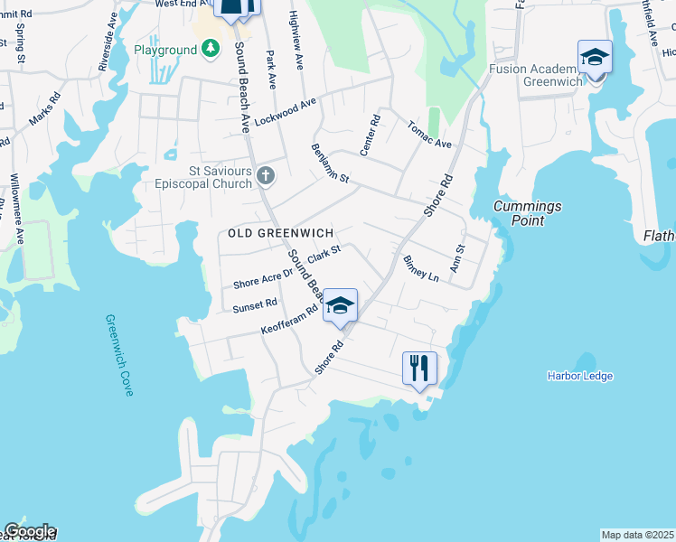 map of restaurants, bars, coffee shops, grocery stores, and more near 5 Clark Street in Greenwich