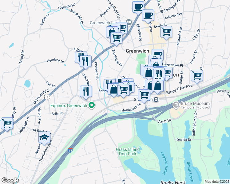 map of restaurants, bars, coffee shops, grocery stores, and more near 200 Field Point Road in Greenwich