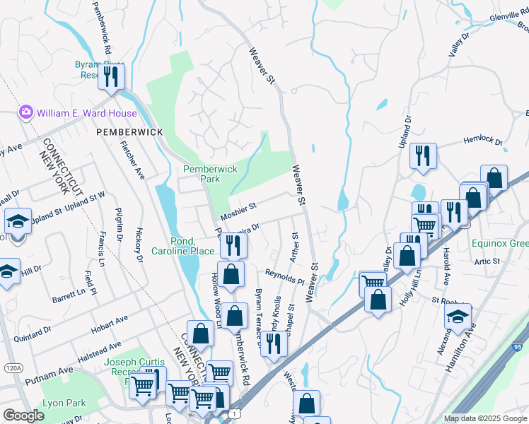 map of restaurants, bars, coffee shops, grocery stores, and more near 31 Moshier Street in Greenwich