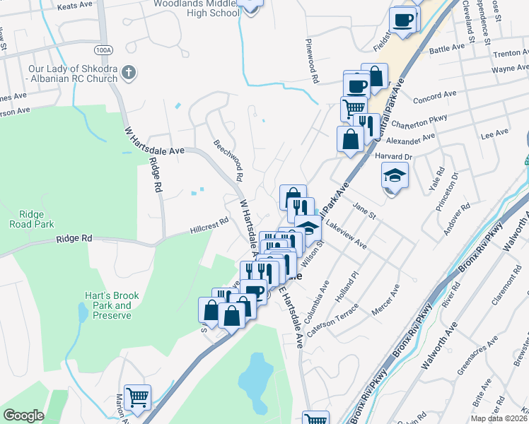 map of restaurants, bars, coffee shops, grocery stores, and more near 75 Elmwood Road in Hartsdale