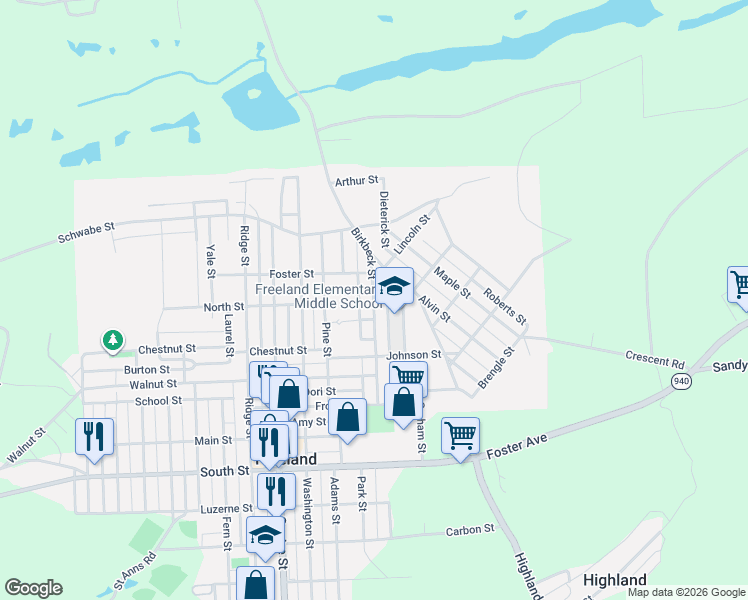 map of restaurants, bars, coffee shops, grocery stores, and more near 1036 Birkbeck Street in Freeland