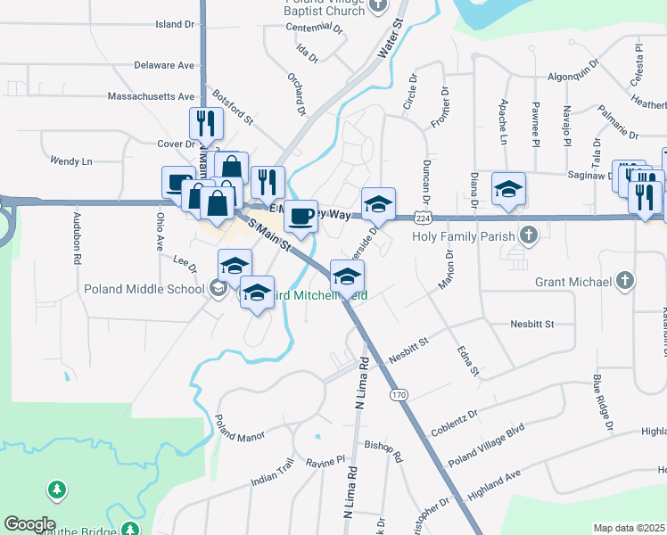 map of restaurants, bars, coffee shops, grocery stores, and more near 315 South Main Street in Poland
