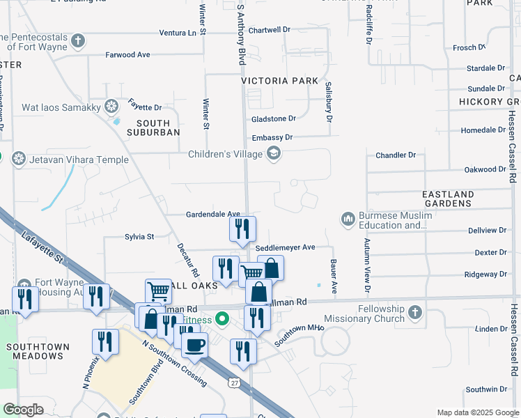 map of restaurants, bars, coffee shops, grocery stores, and more near 6811 South Anthony Boulevard in Fort Wayne