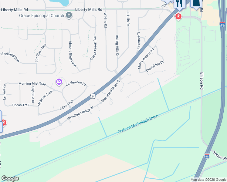 map of restaurants, bars, coffee shops, grocery stores, and more near 6623 Camberwell Ct in Fort Wayne