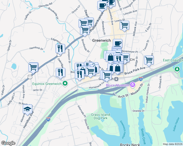 map of restaurants, bars, coffee shops, grocery stores, and more near 35 Woodland Drive in Greenwich