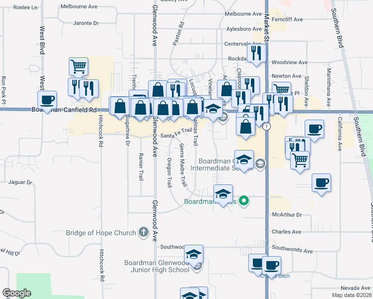 map of restaurants, bars, coffee shops, grocery stores, and more near 7385 Sierra Madre Trail in Youngstown