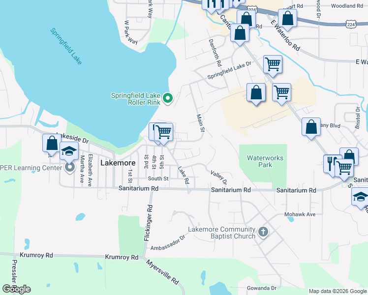 map of restaurants, bars, coffee shops, grocery stores, and more near 2611 Short Street in Akron