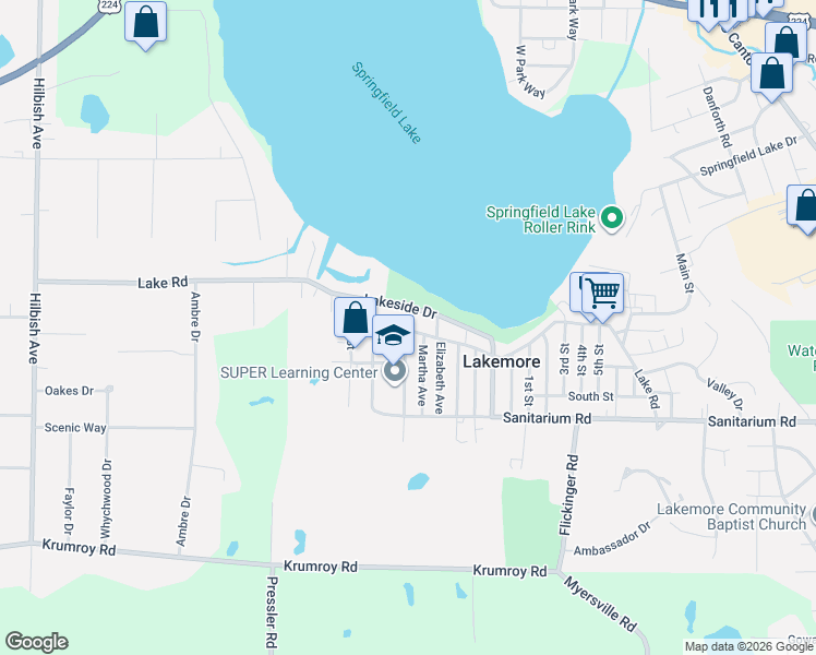 map of restaurants, bars, coffee shops, grocery stores, and more near 1532 Church Street in Lakemore