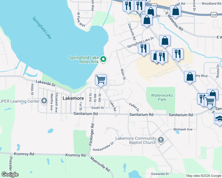 map of restaurants, bars, coffee shops, grocery stores, and more near 2611 Short Street in Akron