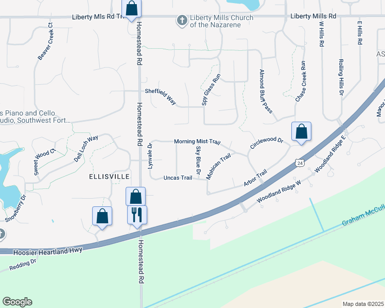 map of restaurants, bars, coffee shops, grocery stores, and more near 6710 Sky Blue Dr in Fort Wayne
