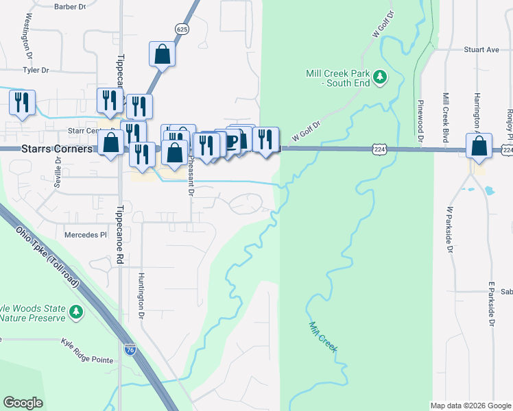 map of restaurants, bars, coffee shops, grocery stores, and more near 1233 Red Tail Hawk Court in Youngstown