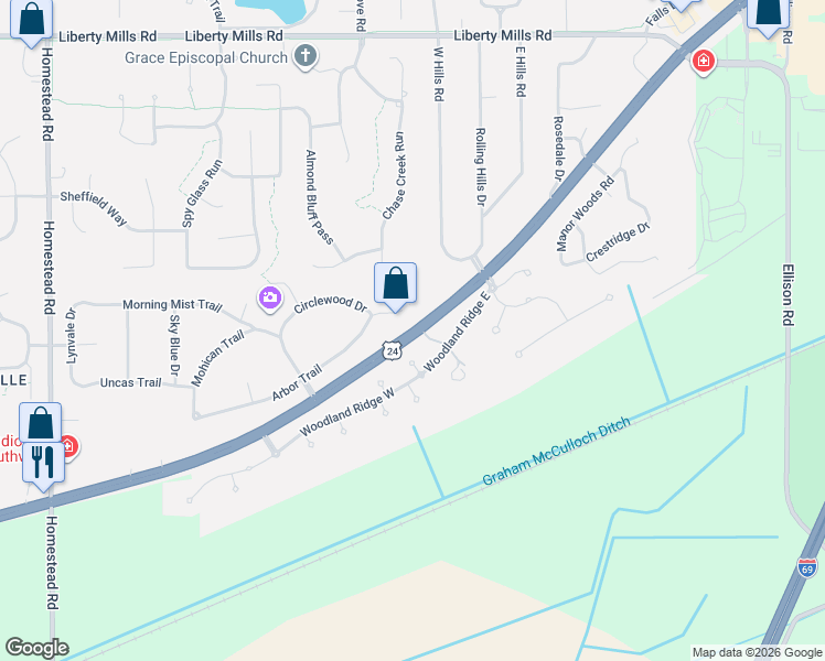 map of restaurants, bars, coffee shops, grocery stores, and more near 9820 West Jefferson Boulevard in Fort Wayne