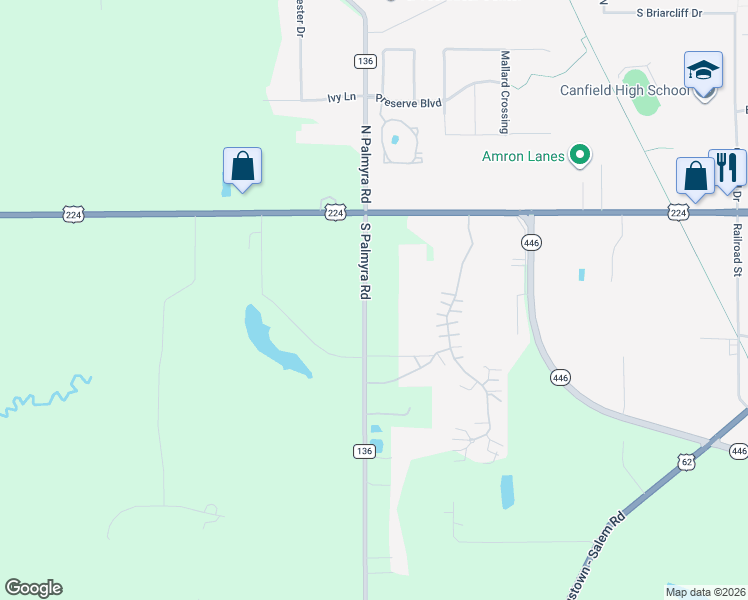 map of restaurants, bars, coffee shops, grocery stores, and more near 6701 South Palmyra Road in Canfield