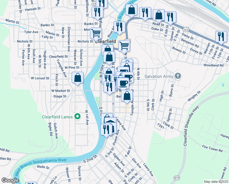 map of restaurants, bars, coffee shops, grocery stores, and more near 201 East Market Street in Clearfield