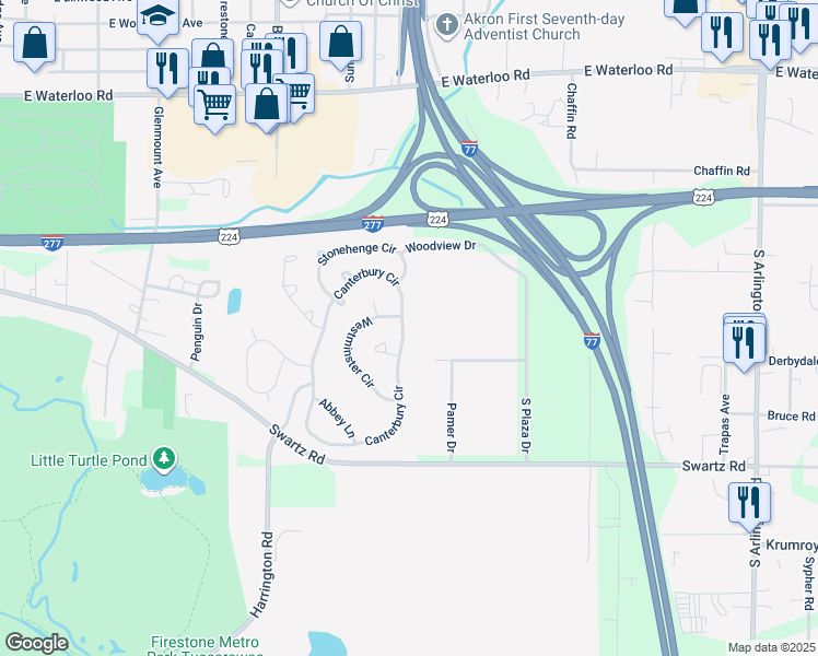 map of restaurants, bars, coffee shops, grocery stores, and more near 2282 Canterbury Circle in Akron