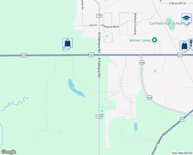 map of restaurants, bars, coffee shops, grocery stores, and more near 6701 South Palmyra Road in Canfield
