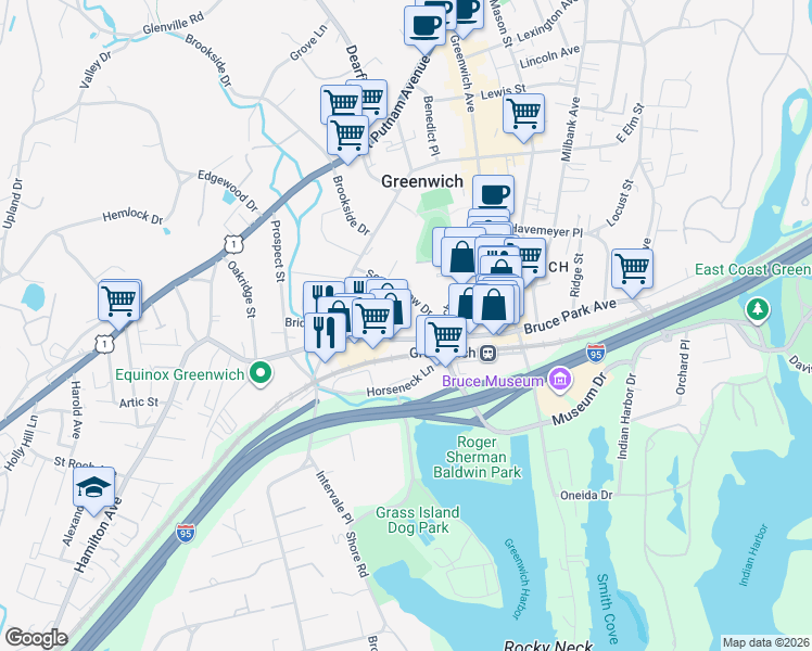 map of restaurants, bars, coffee shops, grocery stores, and more near 19 Woodland Drive in Greenwich