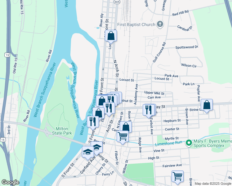 map of restaurants, bars, coffee shops, grocery stores, and more near 130 South Arch Street in Milton