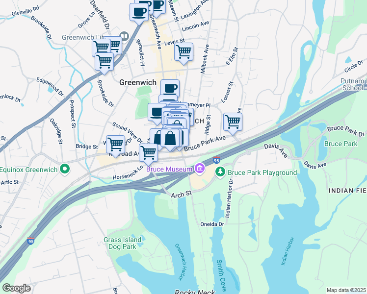 map of restaurants, bars, coffee shops, grocery stores, and more near 415 Greenwich Avenue in Greenwich