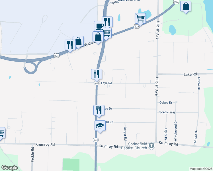 map of restaurants, bars, coffee shops, grocery stores, and more near 1836 Faye Road in Akron