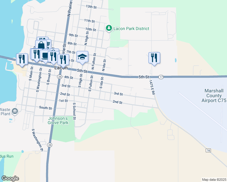 map of restaurants, bars, coffee shops, grocery stores, and more near 218 South Locust Street in Lacon