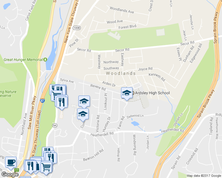 map of restaurants, bars, coffee shops, grocery stores, and more near 36 Revere Road in Ardsley