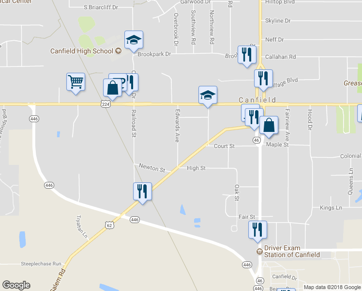 map of restaurants, bars, coffee shops, grocery stores, and more near 203 Edwards Avenue in Canfield