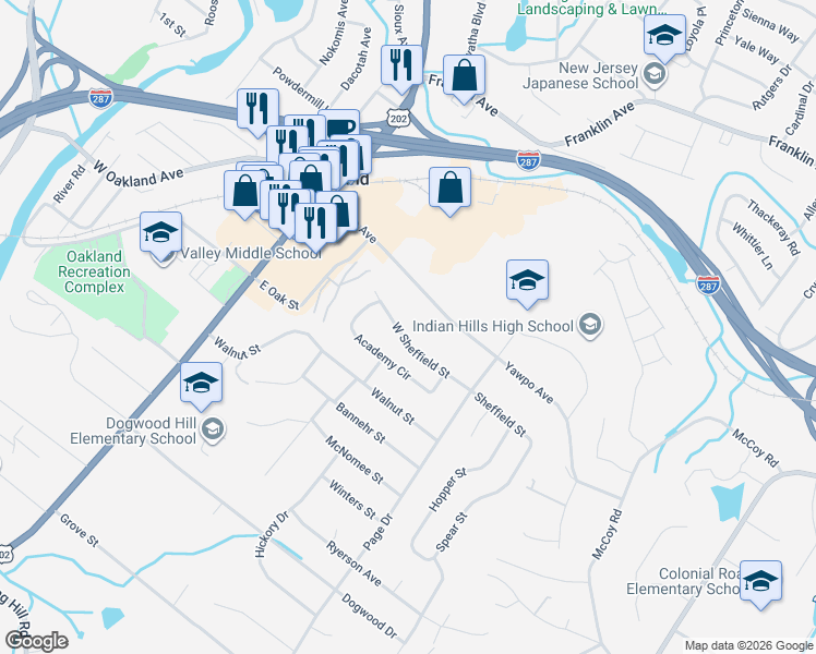 map of restaurants, bars, coffee shops, grocery stores, and more near 63 West Sheffield Street in Oakland