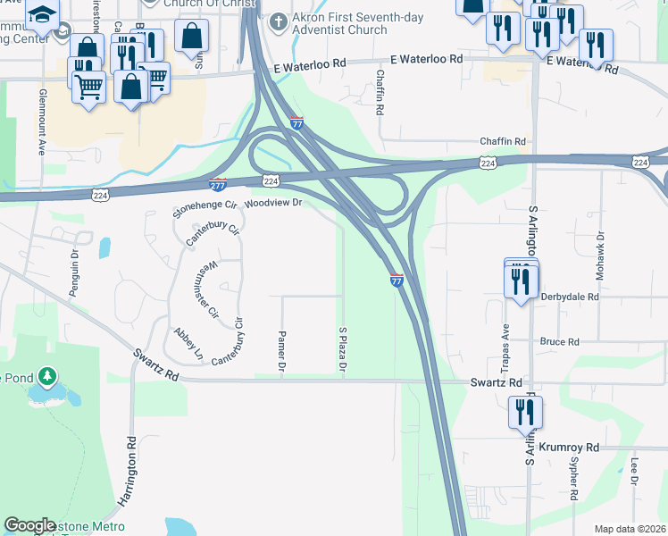 map of restaurants, bars, coffee shops, grocery stores, and more near 2042 South Plaza Drive in Akron