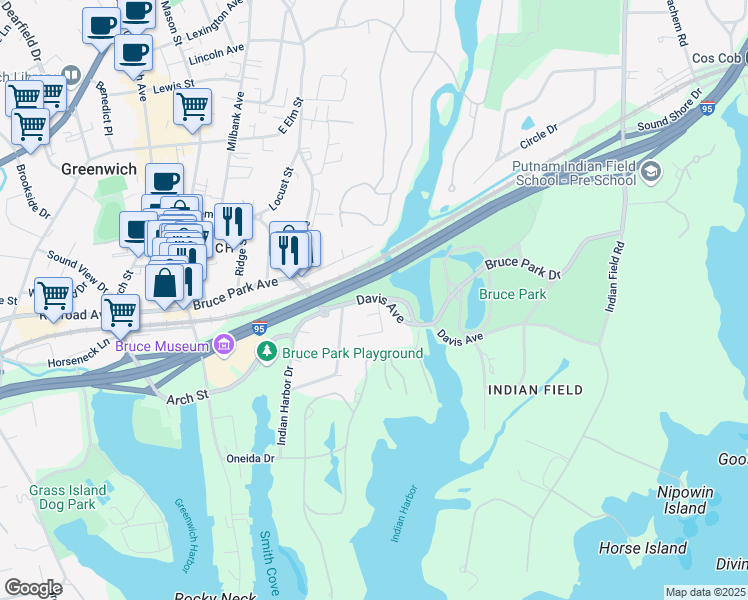 map of restaurants, bars, coffee shops, grocery stores, and more near 368 Davis Avenue in Greenwich