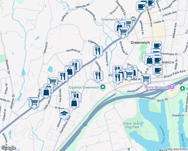 map of restaurants, bars, coffee shops, grocery stores, and more near 49 Edgewood Avenue in Greenwich