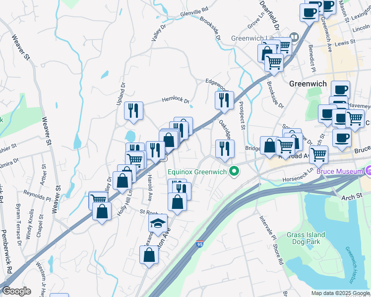 map of restaurants, bars, coffee shops, grocery stores, and more near 364 West Putnam Avenue in Greenwich