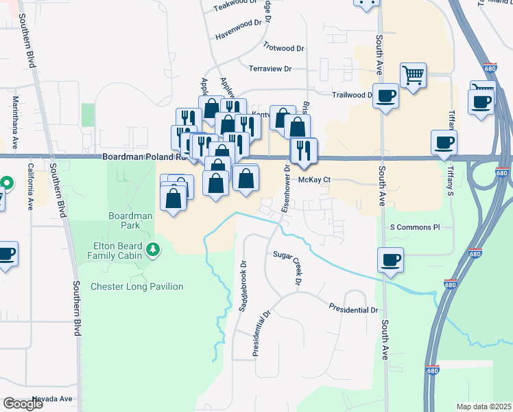 map of restaurants, bars, coffee shops, grocery stores, and more near 561 Boardman Poland Road in Boardman